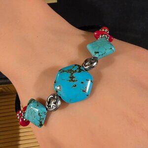 Gemstone Bracelet Turquoise Coral Black Velvet and Silver Tone Beads Style K
